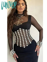 Lunivop Women Sexy Long Sleeve Mesh Beading Black Maxi Gownsbodycon Bandage Dress Elegant Evening